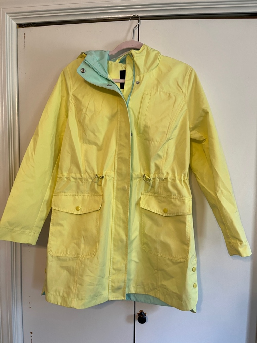 Talbots Yellow Hooded Rain Jacket with Mint Lining